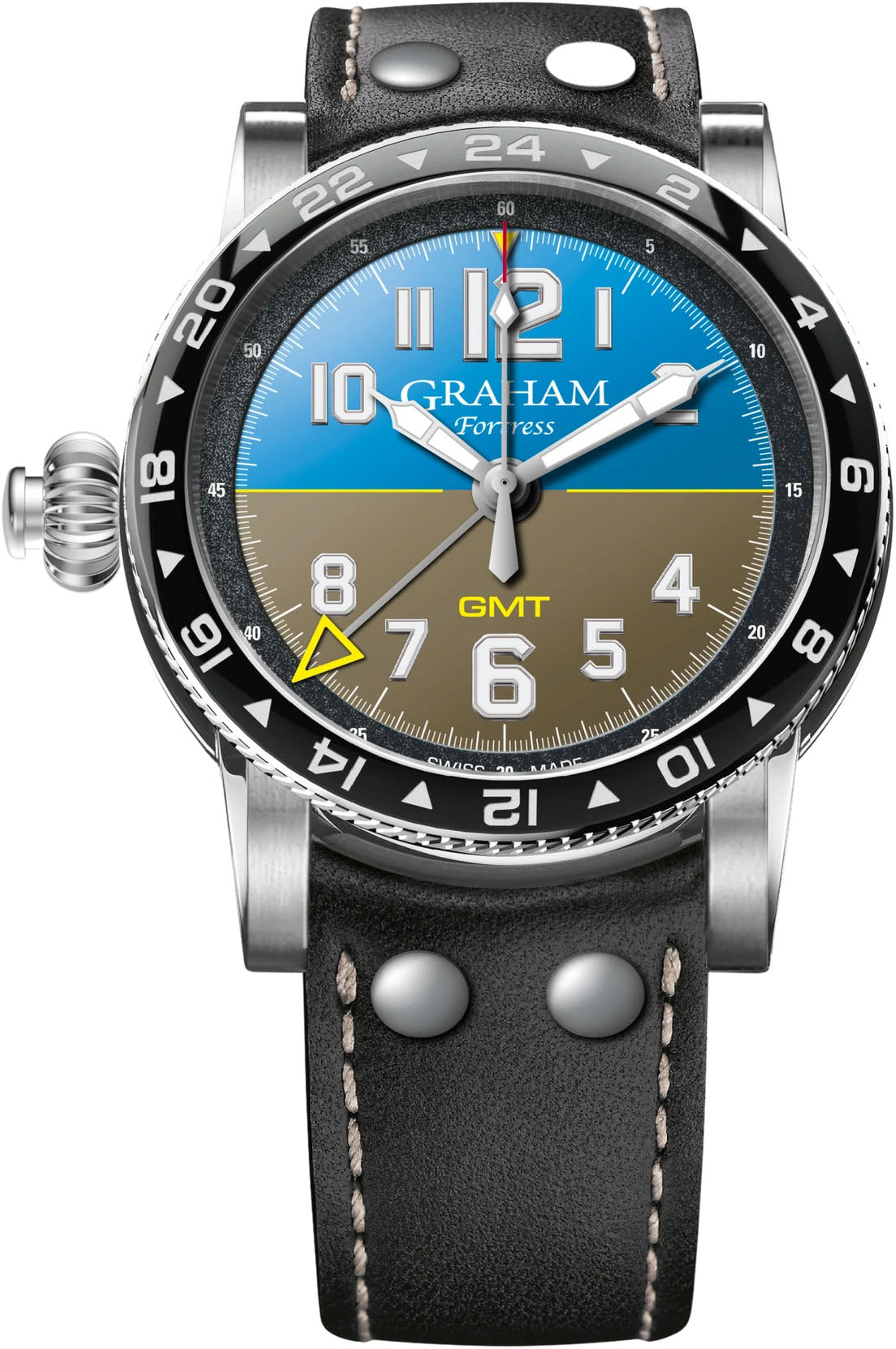 Fortress City Gmt 44mm in Steel - L.E 100 pcs on Black Calf Leather Strap with Brown & Blue Dial