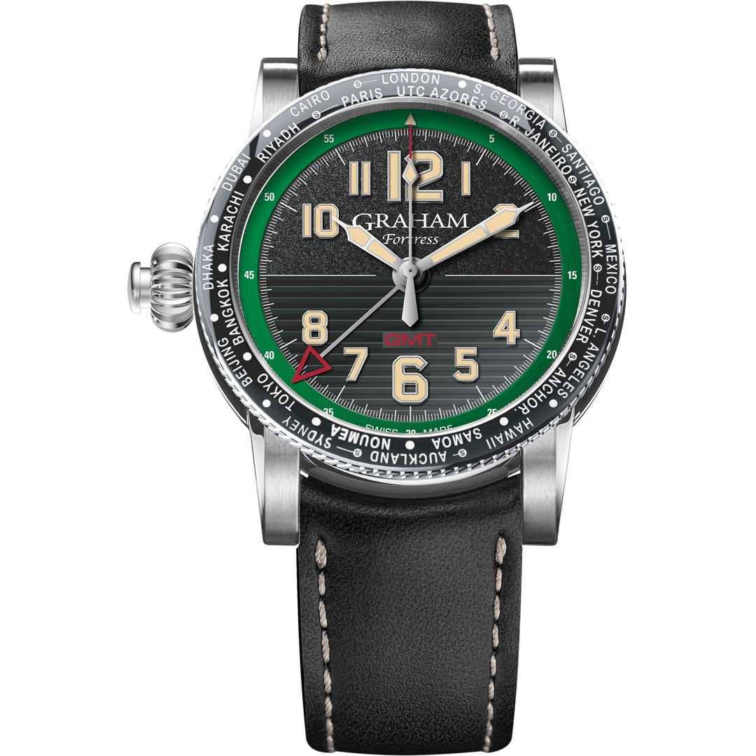 Fortress City Gmt 44mm in Steel  on Black Calf Leather Strap with Black Dial