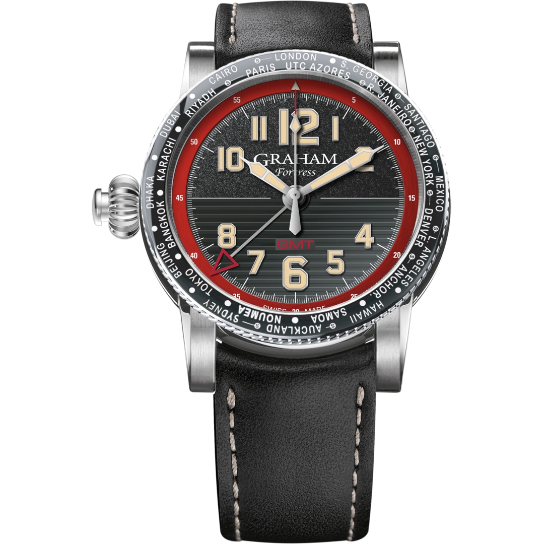 Fortress City Gmt 44mm in Steel  on Black Calf Leather Strap with Black Dial