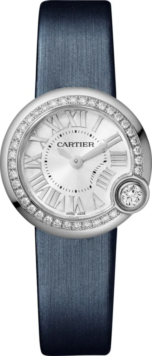 Ballon Blanc de Cartier Quartz 26mm in Steel with Diamond Bezel on Blue Satin Strap with Silver Roman Dial