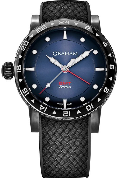 Fortress City Gmt 44mm in Steel & Black PVD on Black Calf Leather Strap with Blue Dial