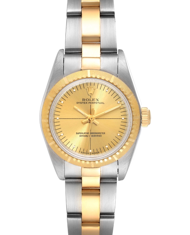 Oyster Perpetual No Date Lady's 26mm in Steel with Yellow Gold Engine Turned Bezel on Oyster Bracelet with Champagne Dial 