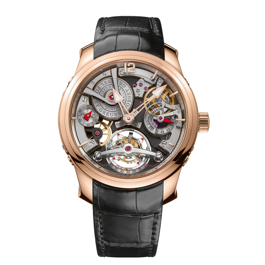 Double Tourbillon 30° Bi-Color Technique in Rose Gold - Limited 22 pieces on Black Crocodile Leather Strap with Openworked Dial