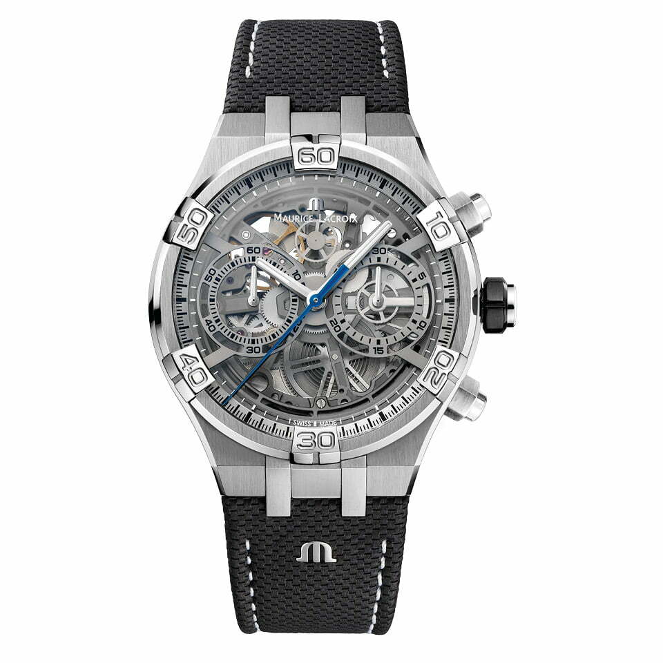Aikon Chronograph 44mm in Steel on Black Leather Strap with Skeleton Dial