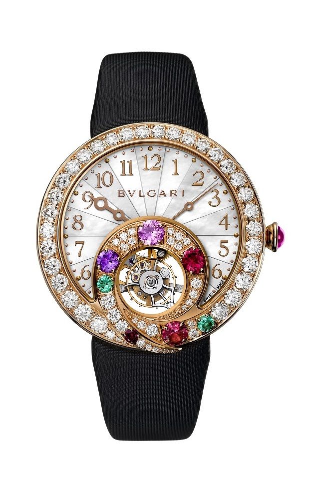 Berries Tourbillon Retrograde Hours in Rose Gold with Diamond Bezel on Black Satin Strap with Mother of Pearl Diamond Dial