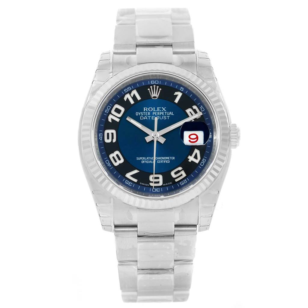 Men's Datejust 36mm  in Steel with White Gold Fluted Bezel on Oyster Bracelet with Blue Arabic Dial