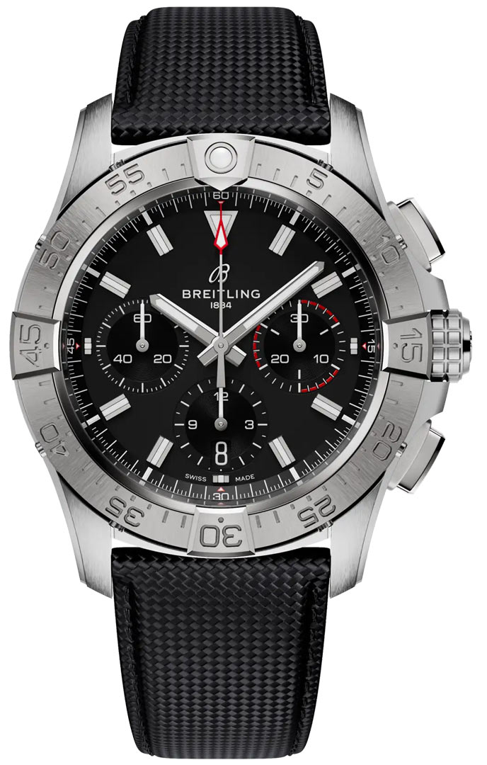 Avenger B01 Chronograph 42mm in Steel on Black Calfskin Leather Strap with Black Dial