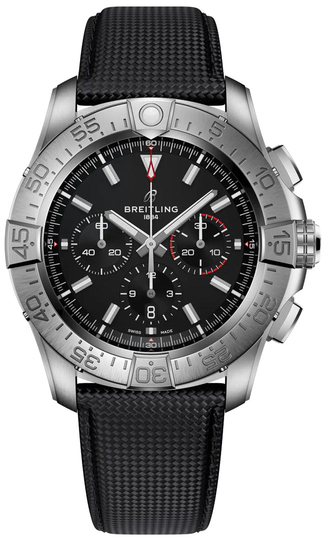 Superavenger Chrono B01 46 in Titanium on Black Calfskin Leather Strap with Black Dial