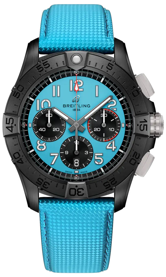 Avenger B01 Chronograph 42mm Night Mission in Black Ceramic on Sky Blue Calfskin Leather Strap with Sky Blue Dial