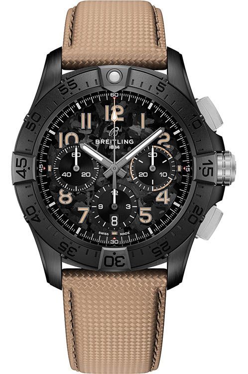 Avenger B01 Chronograph 42mm Night Mission in Black Ceramic on Brown Calfskin Leather Strap with Black Camouflage Dial