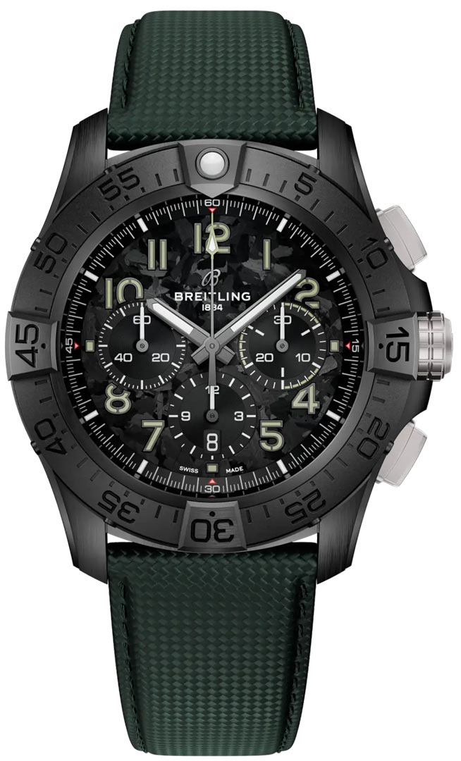 Avenger B01 Chronograph 46mm Night Mission in Black Ceramic on Green Calfskin Leather Strap with Black Camouflage Dial