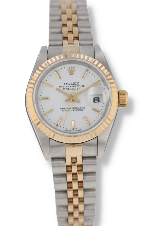 Datejust Lady's 26mm in Steel with Yellow Gold Fluted Bezel on Bracelet with White Stick Dial