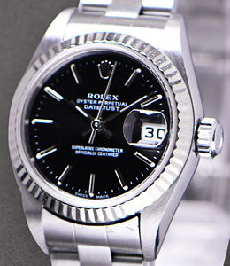 26mm Datejust in Steel with White Gold Fluted Bezel on Steel Oyster Bracelet with Black Stick Dial