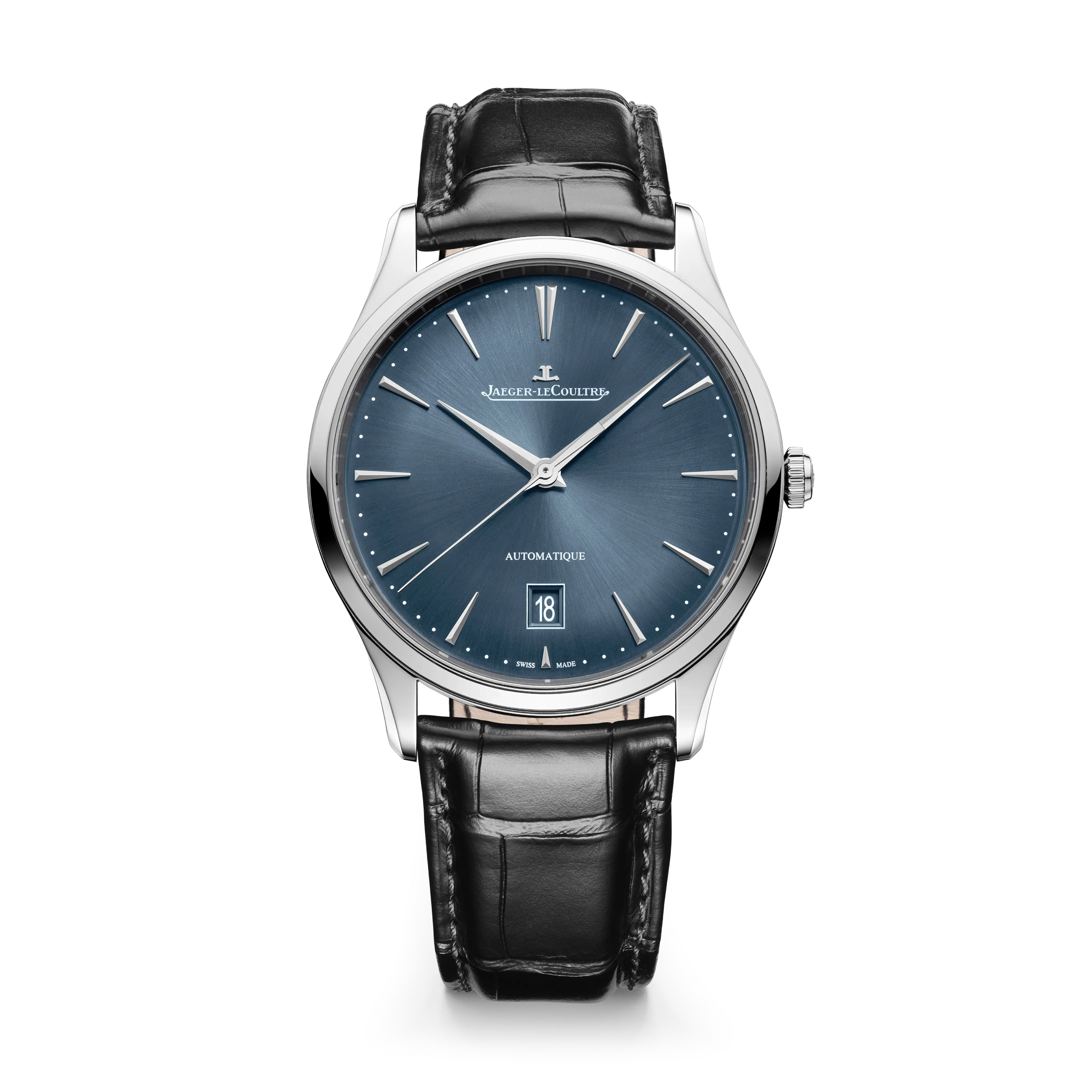 Master Series Ultra Thin Automatic in Steel On Black Alligator Strap with Blue Dial