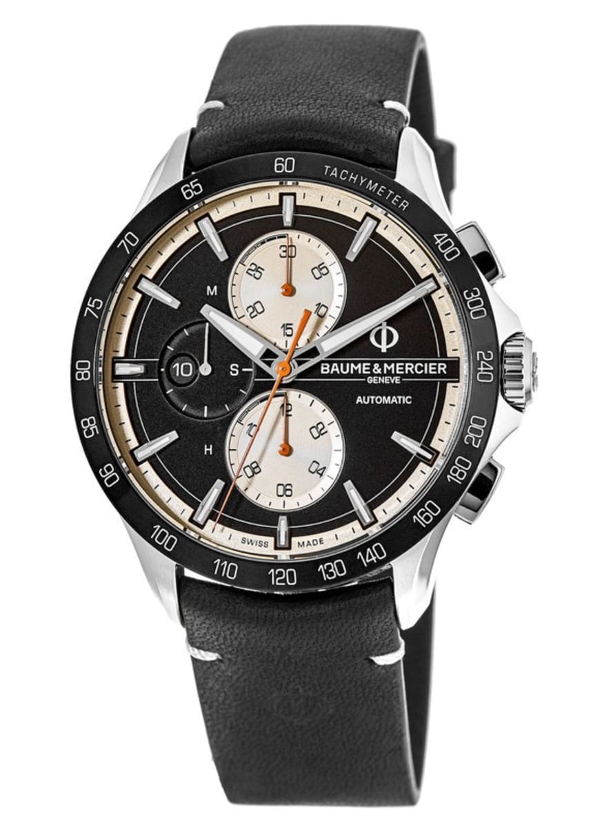 Clifton Club Automatic Chronogragh 44mm in Steel on Black Leather Strap with Black Dial