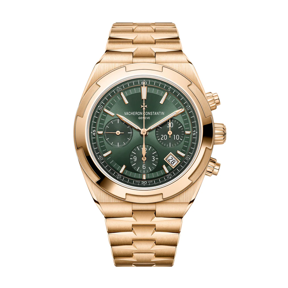 Overseas Chronograph Mens 42.5mm Automatic in Rose Gold on Rose Gold Bracelet with Green Dial