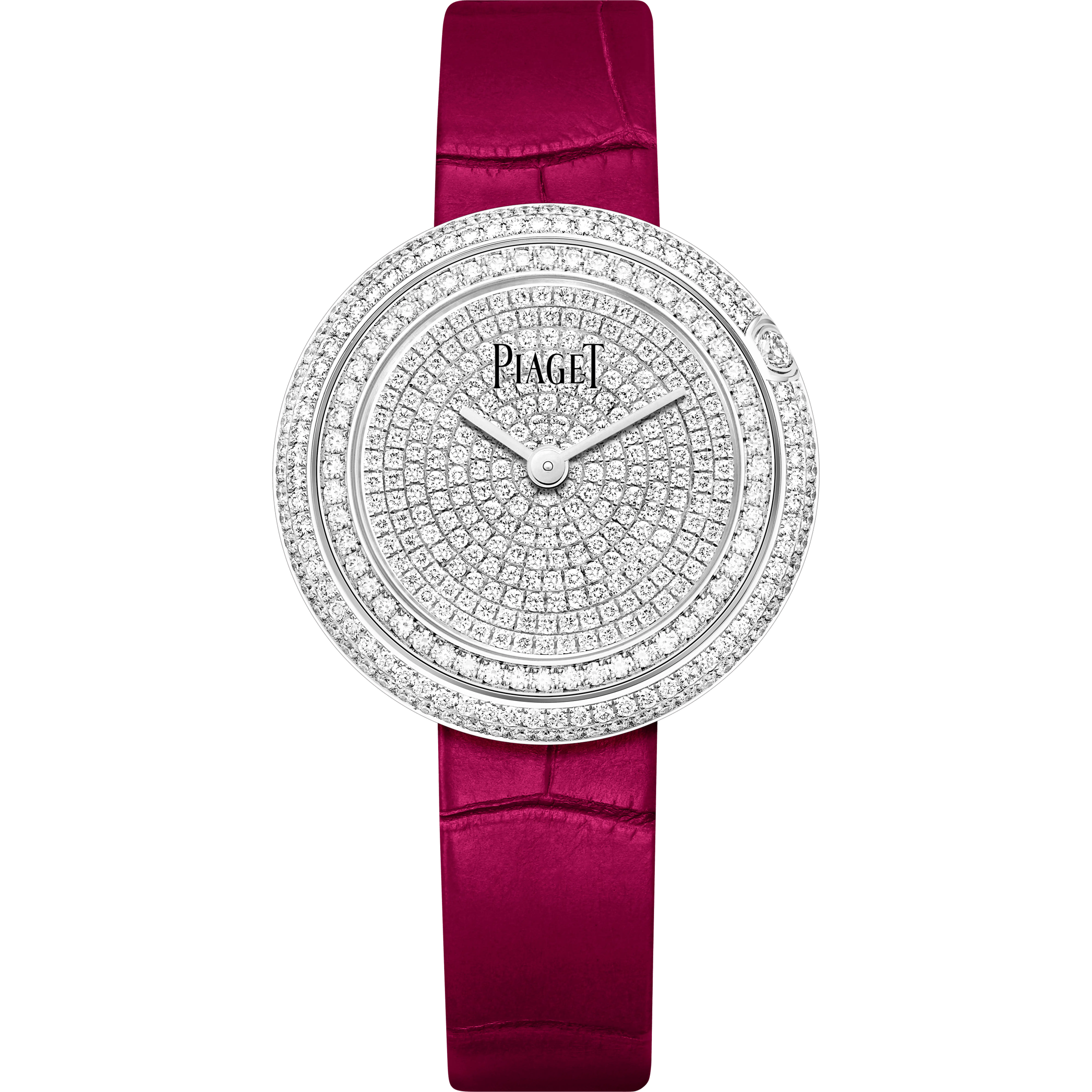 Possession Ladies 34mm Quartz in White Gold with 2 Row Diamond Bezel On  Fushia Pink Alligator Leather Strap with Pave Diamond Dial