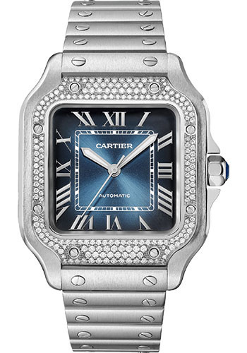Santos 100 Medium Size in Steel with Diamond Bezel on Steel Bracelet with Blue Dial