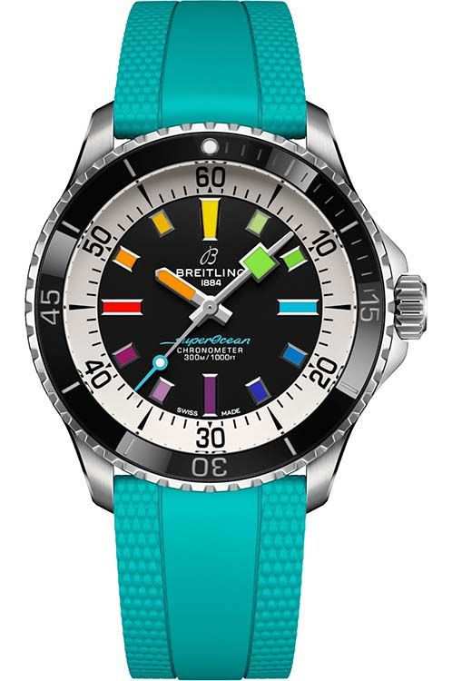 SuperOcean Automatic 42mm in Steel with Black Ceramic Bezel on Sky Blue Rubber Strap with Black Dial