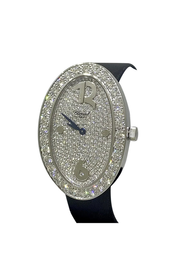 Classic Oval in White Gold with Diamond Bezel on Black Satin Strap with Pave Diamond Dial
