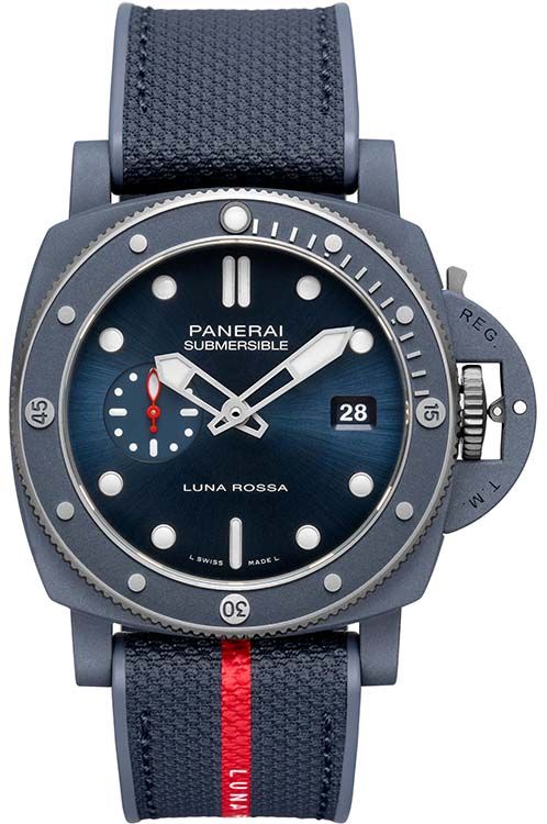 PAM 1466 - Submersible QuarantaQuattro Luna Rossa in Ti-Ceramitech on Blue Fabric & Rubber Strap with Blue Dial