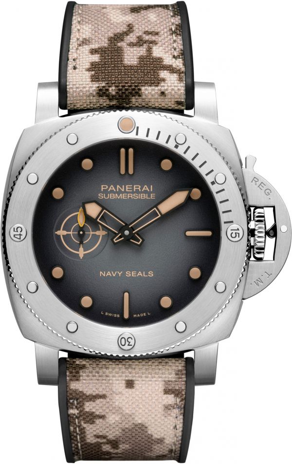 PAM 1518 - Submersible QuarantaQuattro Navy SEALs in Steel on Beige Camo Fabric & Rubber Strap with Black Dial