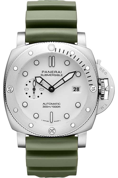 PAM 1595 - Submersible QuarantaQuattro 44mm in Steel on Green Rubber Strap with White Dial
