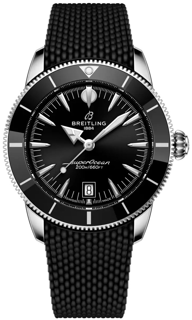 Superocean Heritage 42 in Steel with Black Ceramic Bezel on Black Rubber Strap with Black Dial