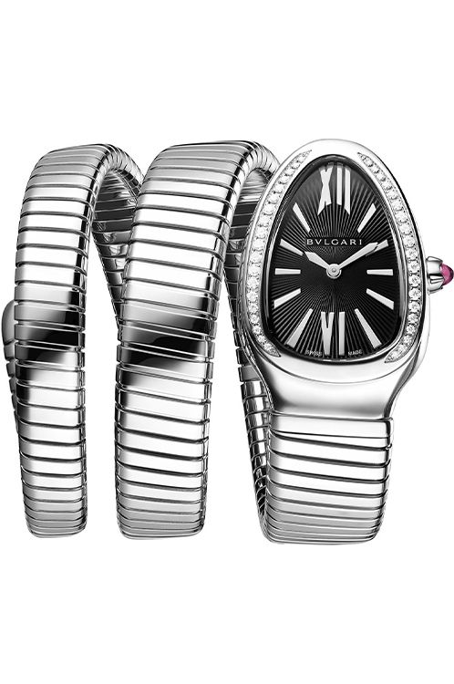 Serpenti Tubogas 35mm in Steel with Partial Diamond Bezel on Steel Double Twirl Bracelet with Black Dial