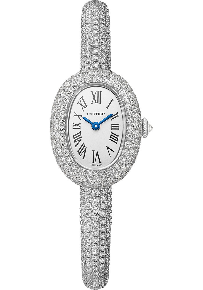 Baignoire Mini in White Gold with Pave Diamond Case on White Gold Pave Diamond Bracelet with Silver Dial