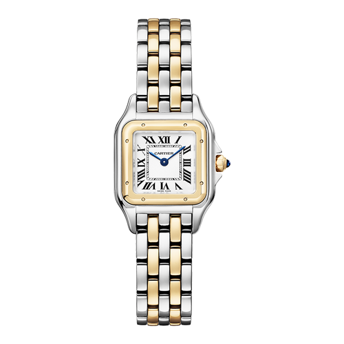 Panther De Small Size in Steel with Yellow Gold Bezel on Steel and Yellow Gold Bracelet with Silver Dial