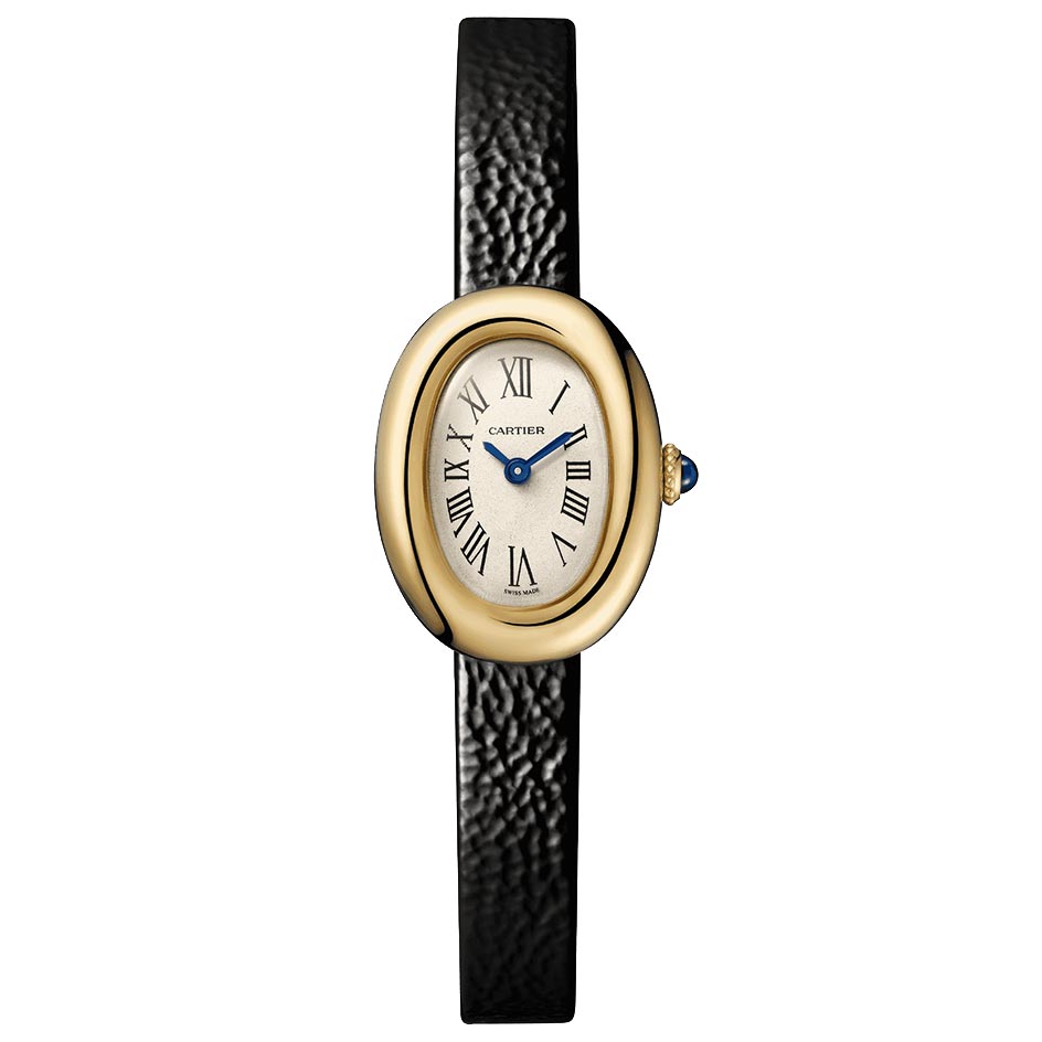 Baignoire Mini Model in Yellow Gold on Black Crocodile Leather Strap with Silver Dial