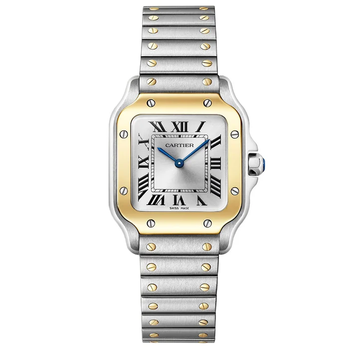 Cartier Santos De Cartier Small in Steel with Yellow Gold Bezel on Steel and Yellow Gold Bracelet with Silver Dial