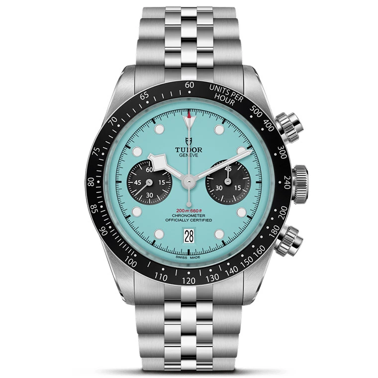 Tudor Heritage Black Bay Chrono in Steel with Black Bezel on Steel Bracelet with Light Blue Dial