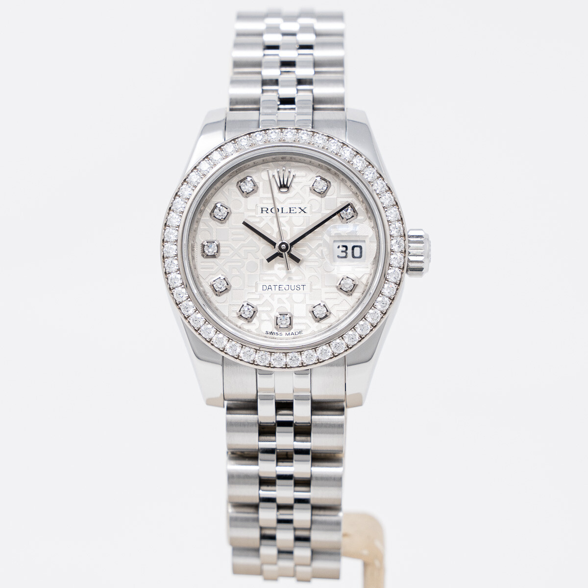 Lady's Datejust 26mm in Steel with White Gold Diamond Bezel on Steel Jubilee Bracelet with Silver Jubilee Diamond Dial