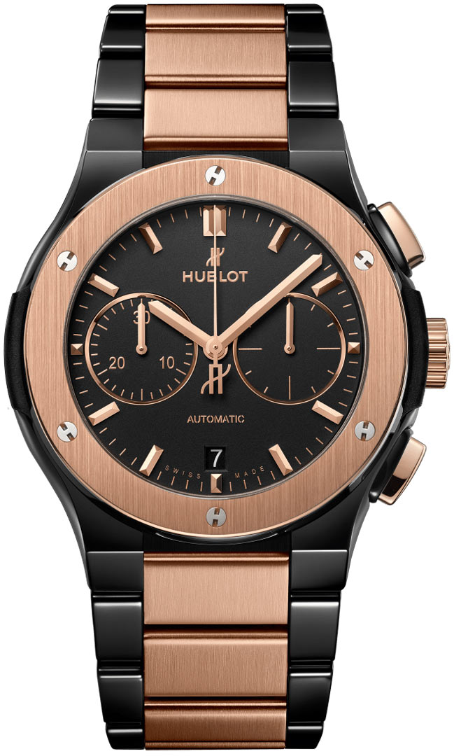 Classic Fusion Chronograph 42mm in Black Ceramic with Rose Gold Bezel on Black Ceramic & Rose Gold Bracelet with Black Dial