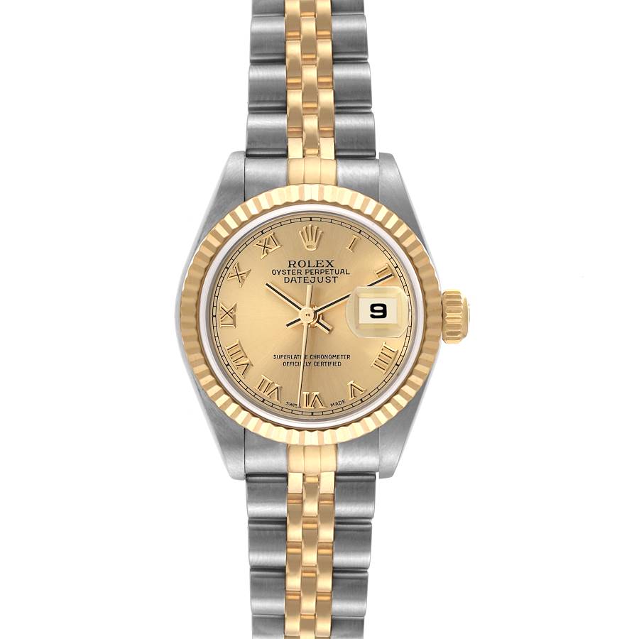 Ladies Datejust 26mm in Steel with Yellow Gold Fluted Bezel on Jubilee Bracelet with Champagne Roman Dial