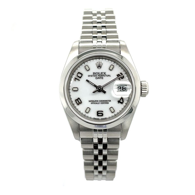 Lady's Date 26mm in Steel with Smooth Bezel on Jubilee Bracelet with White Arabic & Stick Dial