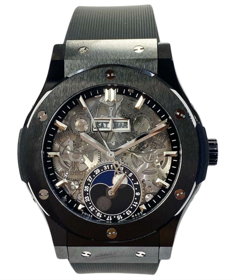 Classic Fusion Aerofusion Moonphase 42mm in Black Ceramic on Black Rubber Strap with Skeleton Dial