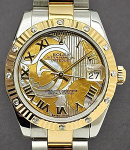 Datejust 31mm in Steel with Yellow Gold Fluted Diamond Bezel on Oyster Bracelet with Goldust MOP Roman Dial