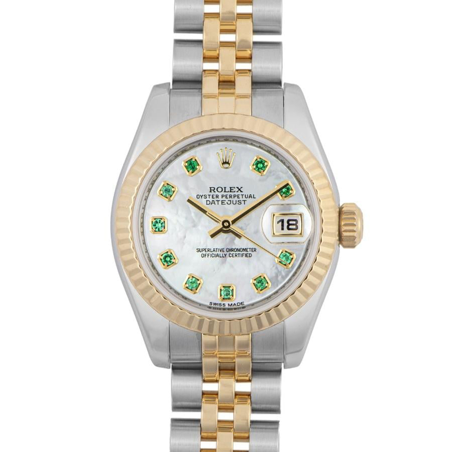 Datejust Ladies 26mm in Steel with Yellow Gold Fluted Bezel on Jubilee Bracelet with MOP Green Diamond Dial