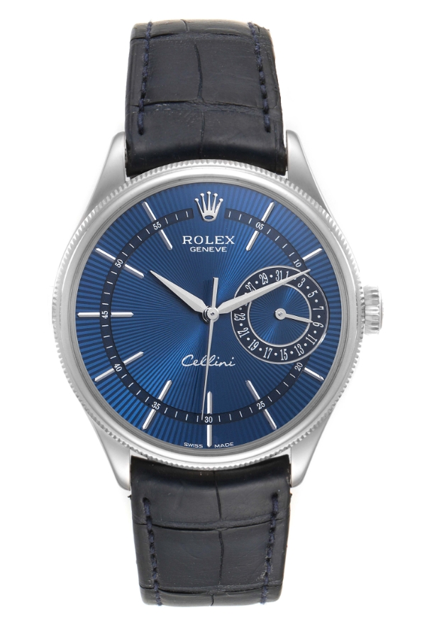 Cellini 50519 in White Gold on Strap with Blue Guilloche Stick Dial