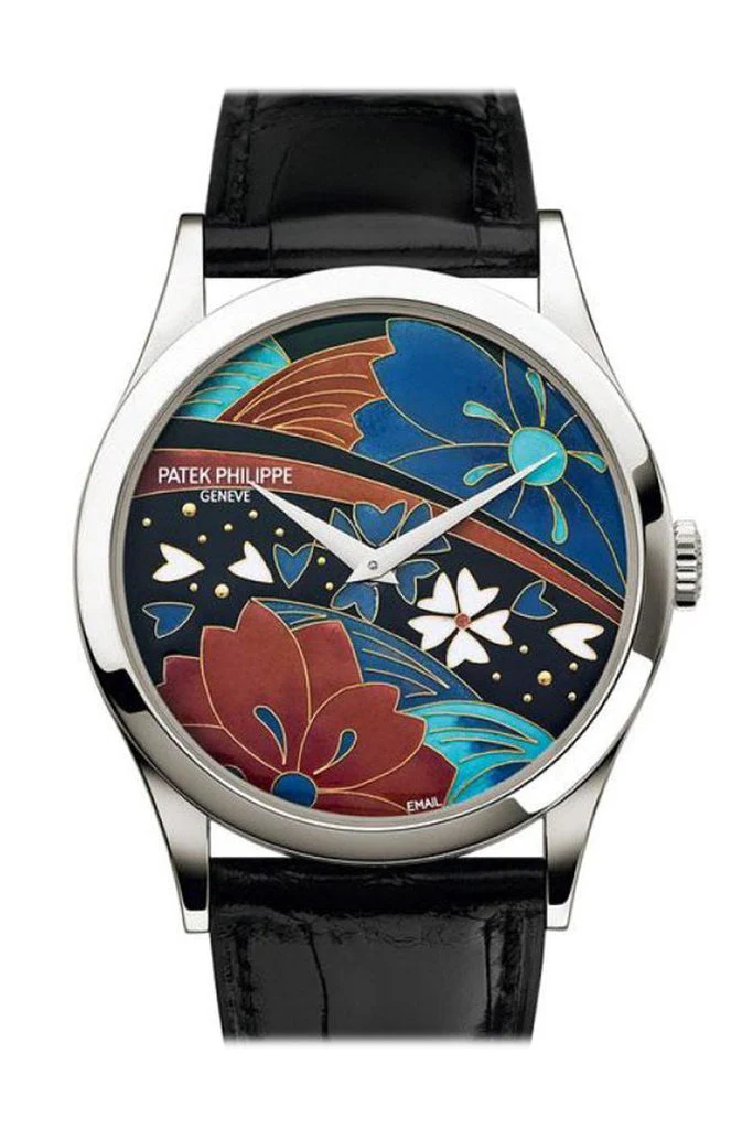 Calatrava Men's Automatic in Platinum on Black Crocodile Leather Strap with Enamel Artwork Dial
