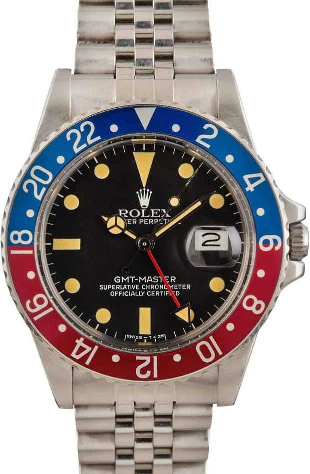 GMT Master Ref 16750 Pepsi on Jubilee Bracelet with Black Patina Dial
