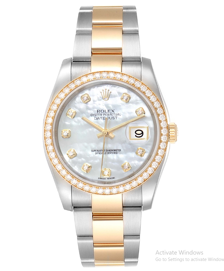 Datejust 36mm in Steel with Yellow Gold Diamond Bezel on Oyster Bracelet with MOP Diamond Dial