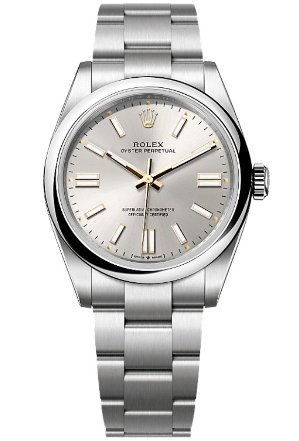 Oyster Perpetual 41mm in Steel with Domed Bezel on Oyster Bracelet with Silver Stick Dial