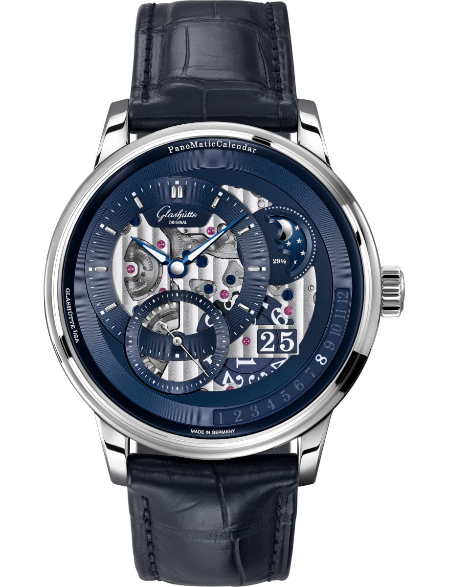 Pano Matic Calendar 42mm in Platinum on Black Crocodile Leather Strap with Blue Skeleton Dial - Limited to 150 pieces