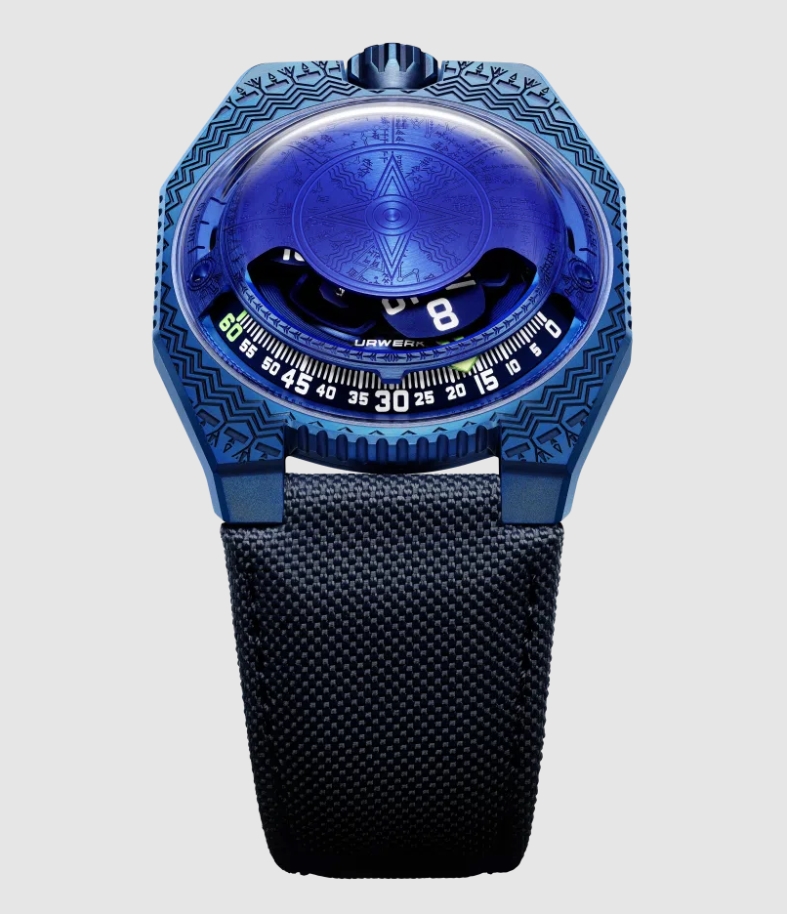 UR-100V Time and Culture II Sumer in Steel and Titanium on Blue Textile Strap with Blue Domed Dial