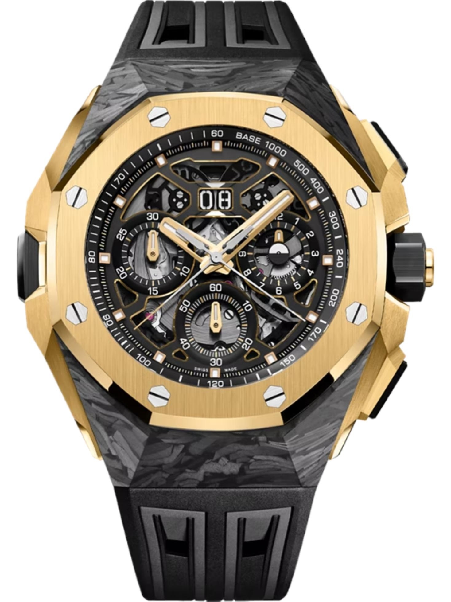 Royal Oak Split-Seconds Chronograph GMT Large Date in Carbon with Yellow Gold Bezel on Black Rubber Strap with Openworked Dial - L.E 1000