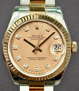 Mid Size Datejust 31mm in Steel with Rose Gold Fluted Bezel on Oyster Bracelet with Pink Crystal Mop Diamond Dial